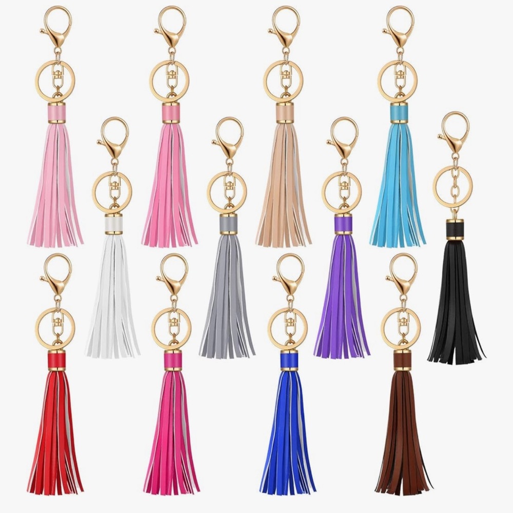 🆕 12 pcs Leather Tassels Keychain Key Rings Circle PU Leather Women Tassel